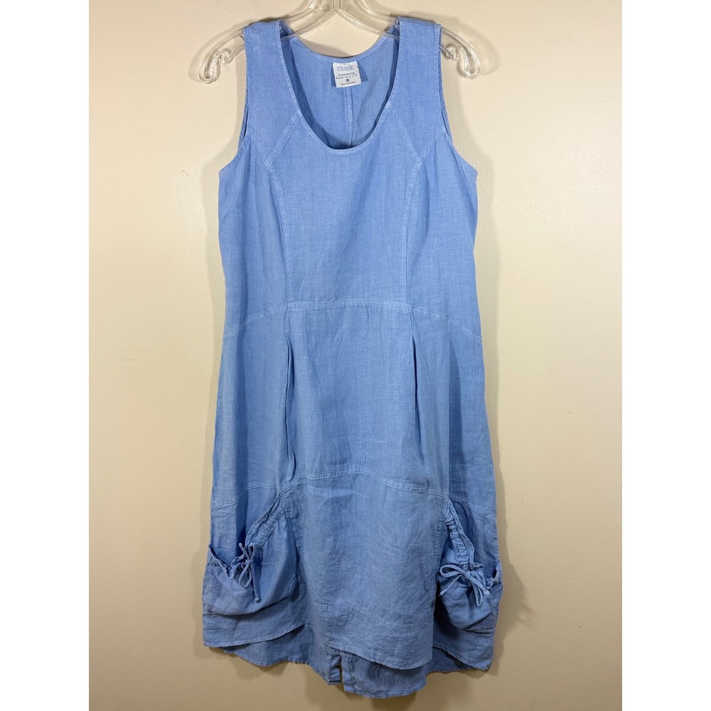Click 100% Linen Dress Women's M Blue Midi Coastal Cottagecore Minimalist USA